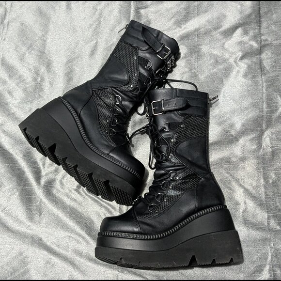 Demonia Shaker-70 Black Vegan Leather Mid-Calf Boots 9 - Picture 2 of 16